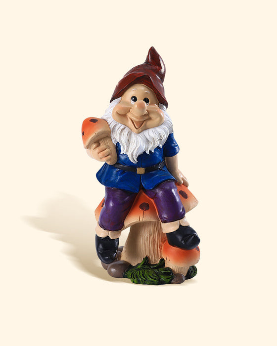 Polyresin Happy Gnome on Mushroom Statue