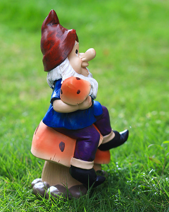Polyresin Happy Gnome on Mushroom Statue