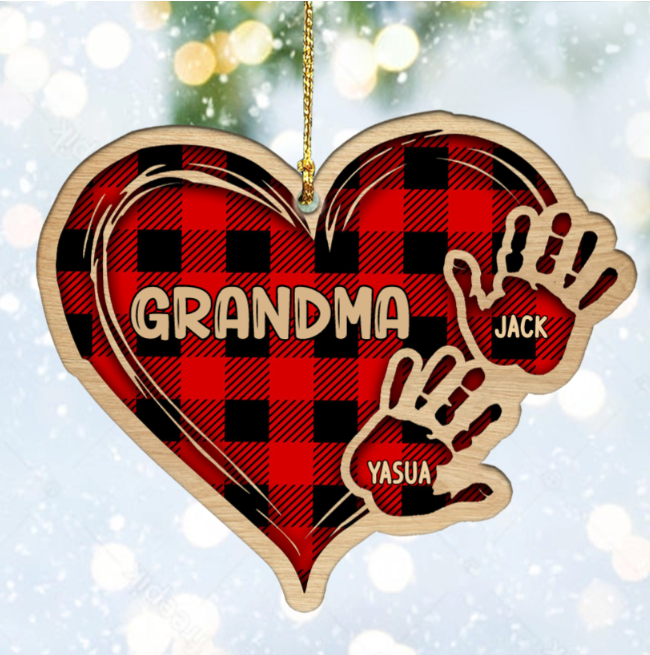 Grandma Mom Heart Hand Print Personalized Wood Ornament