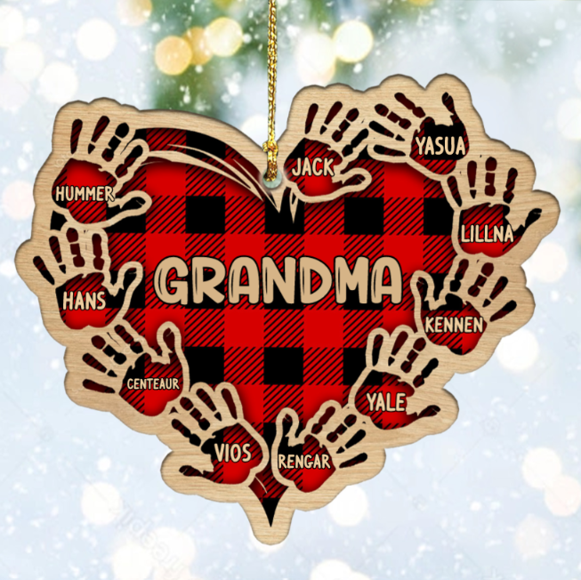 Grandma Mom Heart Hand Print Personalized Wood Ornament